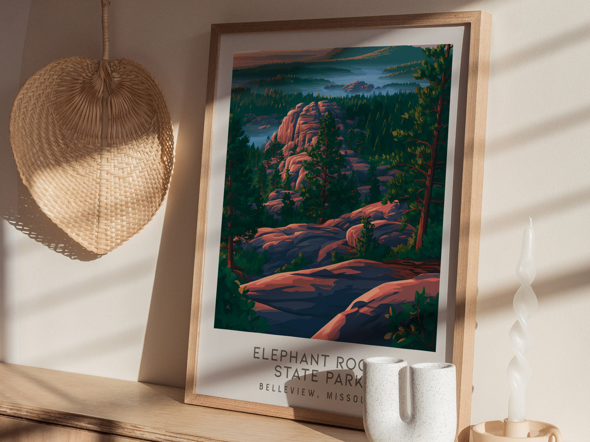Elephant Rocks State Park Matte Border Poster | Belleview, Missouri Destination Print — styled in a modern interior
