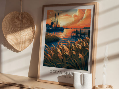 Ocean Springs Matte Border Poster | Mississippi Vacation Wall Art — styled in a modern interior