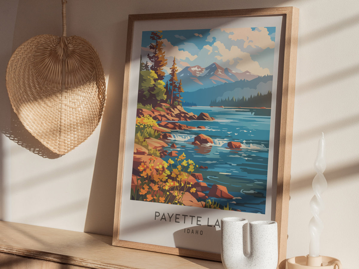 Payette Lake Matte Border Poster | Idaho Travel Wall Art — styled in a modern interior