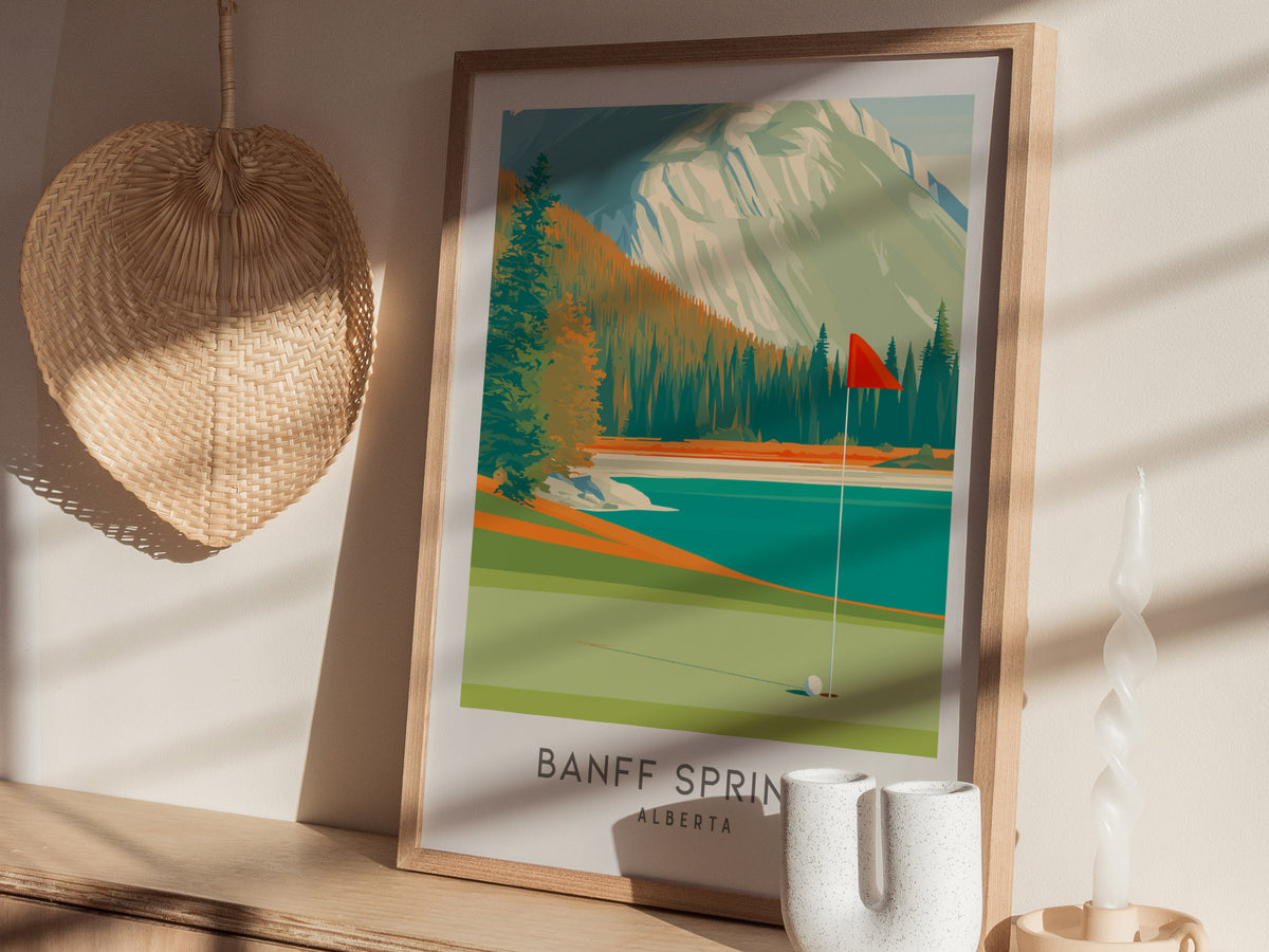 Banff Springs Matte Border Poster | Alberta Golf Course Print & Country Club Decor — styled in a modern interior