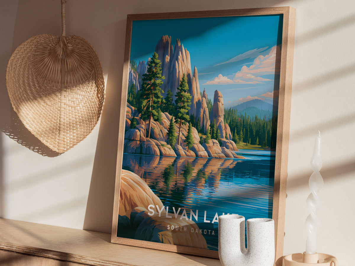 Sylvan Lake, South Dakota Poster | Custer State Park Framed or Unframed Wall Art — styled in a modern interior