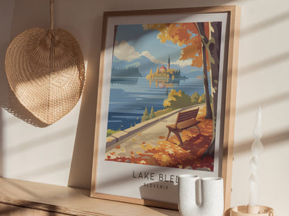 Lake Bled Matte Border Poster | Slovenia Travel Wall Art — styled in a modern interior