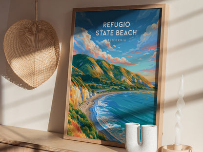 Refugio State Beach, California Poster | Golden Bluffs & Ocean Breeze Wall Art — styled in a modern interior