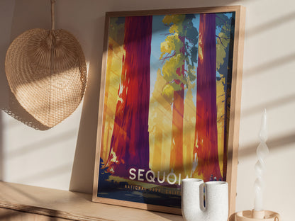 Framed artwork depicting colorful, towering sequoia trees under sunlight is displayed on a wooden shelf, accompanied by a woven basket, a twisted candle, and a white ceramic vase.