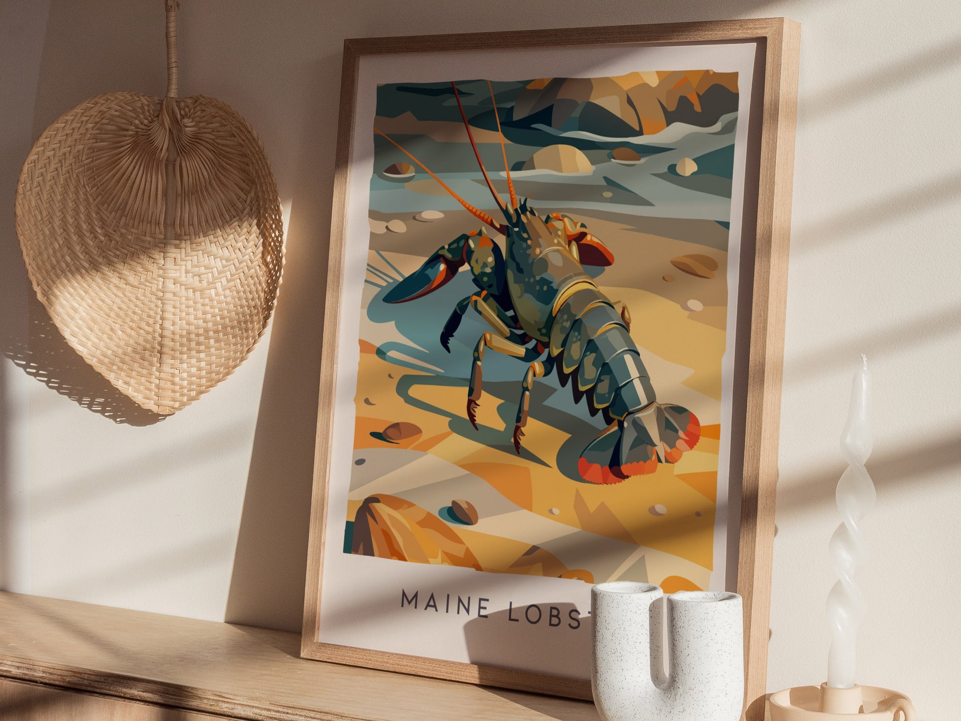 Maine Lobster Poster | Rugged Coast Lobster Wildlife Wall Art — styled in a modern interior