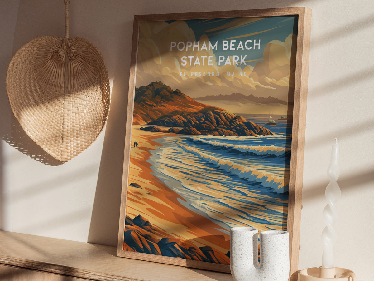 Popham Beach State Park, Phippsburg, Maine Poster | Destination Print Beach House Decor Wall Art — styled in a modern interio