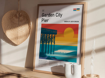 Garden City Pier, Garden City, South Carolina Poster | Surf Waves & Coastal Pier Wall Art — styled in a modern interior