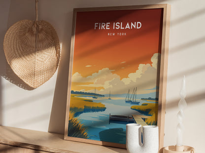 Fire Island, New York Poster | Dunes & Lighthouse Seaside Wall Art — styled in a modern interior