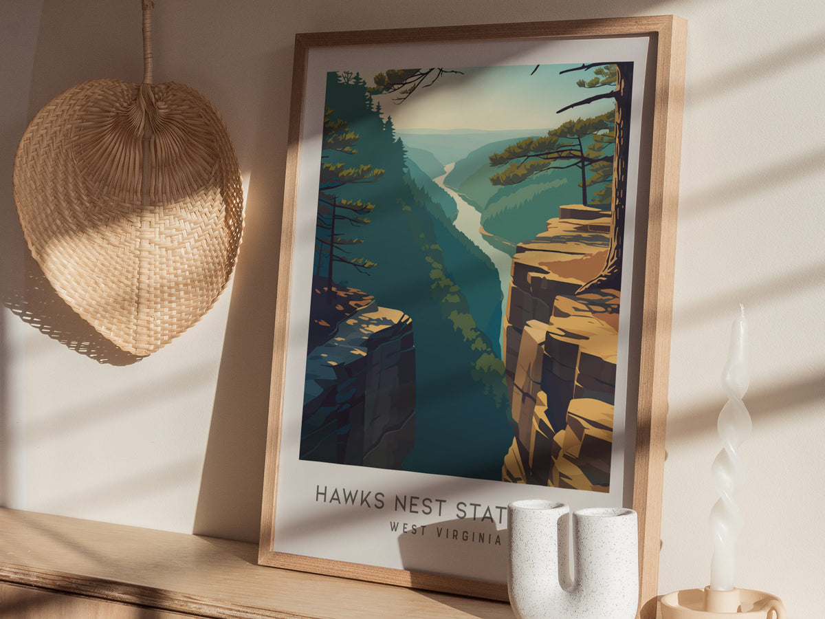 Hawks Nest State Park Matte Border Poster | West Virginia Destination Print Travel Wall Art — styled in a modern interior
