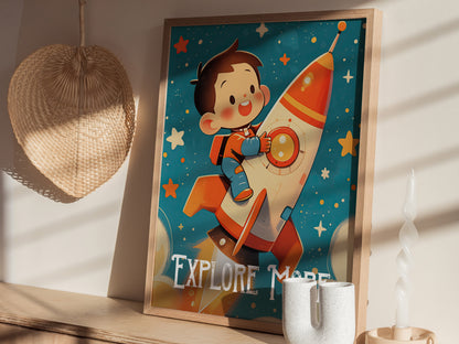 Explore More Poster | Kids Room Astronaut Space Theme Wall Art | Framed or Unframed