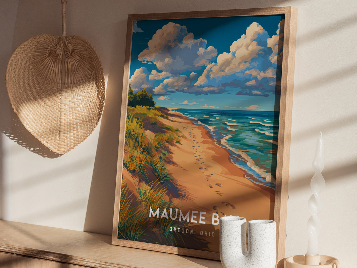 Maumee Bay, Oregon, Ohio Poster | Lakeside Marshland Sunset Wall Art — styled in a modern interior