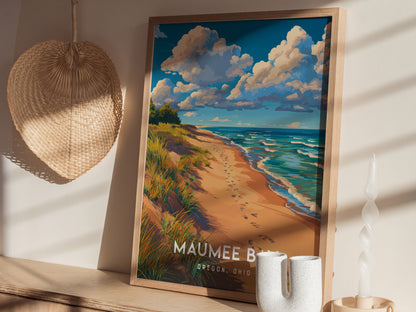Maumee Bay, Oregon, Ohio Poster | Lakeside Marshland Sunset Wall Art — styled in a modern interior