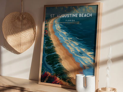 St. Augustine Beach, Florida Poster | Sun-Kissed Shores & Pier Wall Art — styled in a modern interior