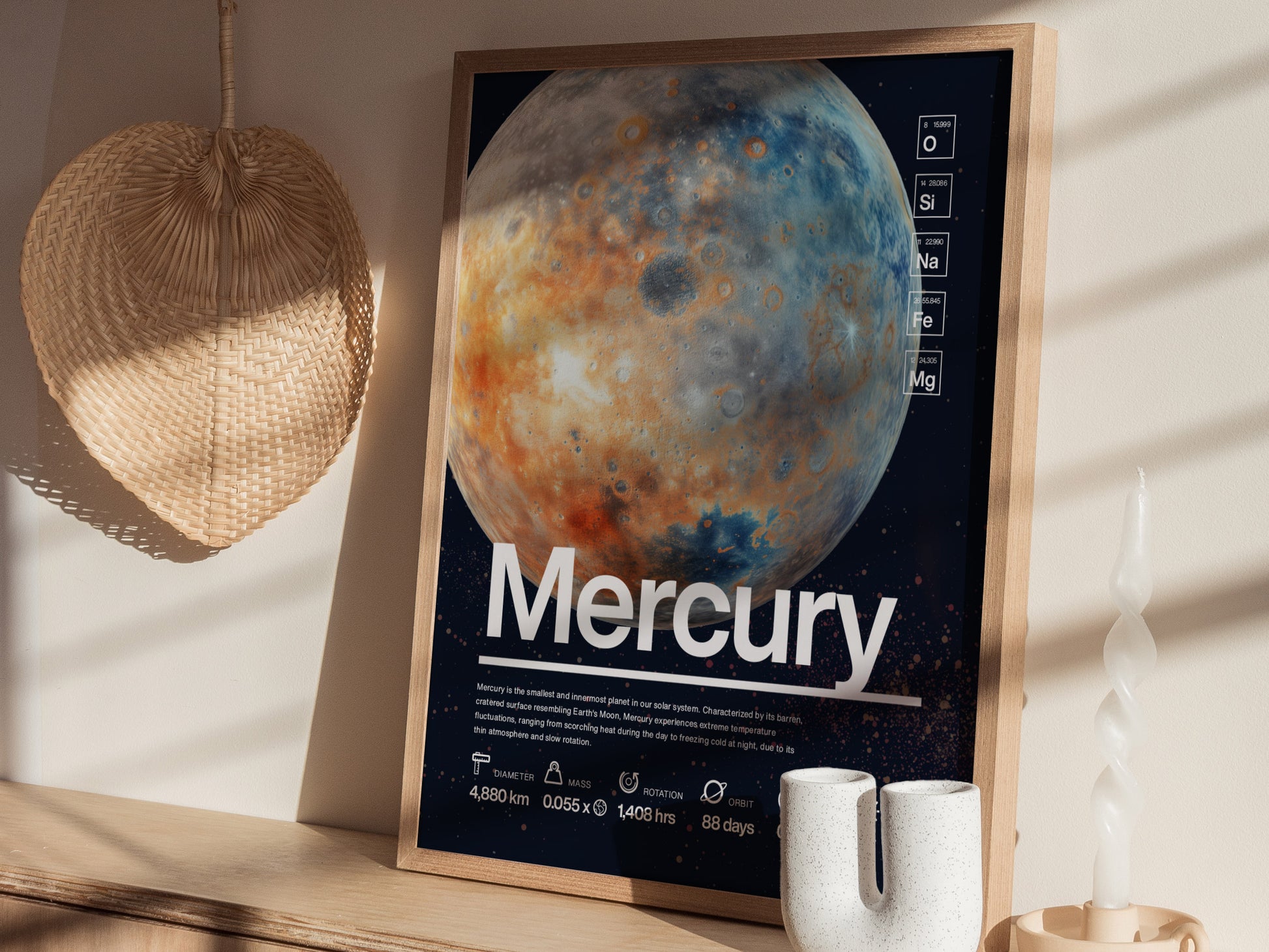 A framed Mercury planet poster with vibrant cratered terrain sits on a wooden shelf, next to a wicker decor and a twisted white candle. Sunlight casts soft shadows.