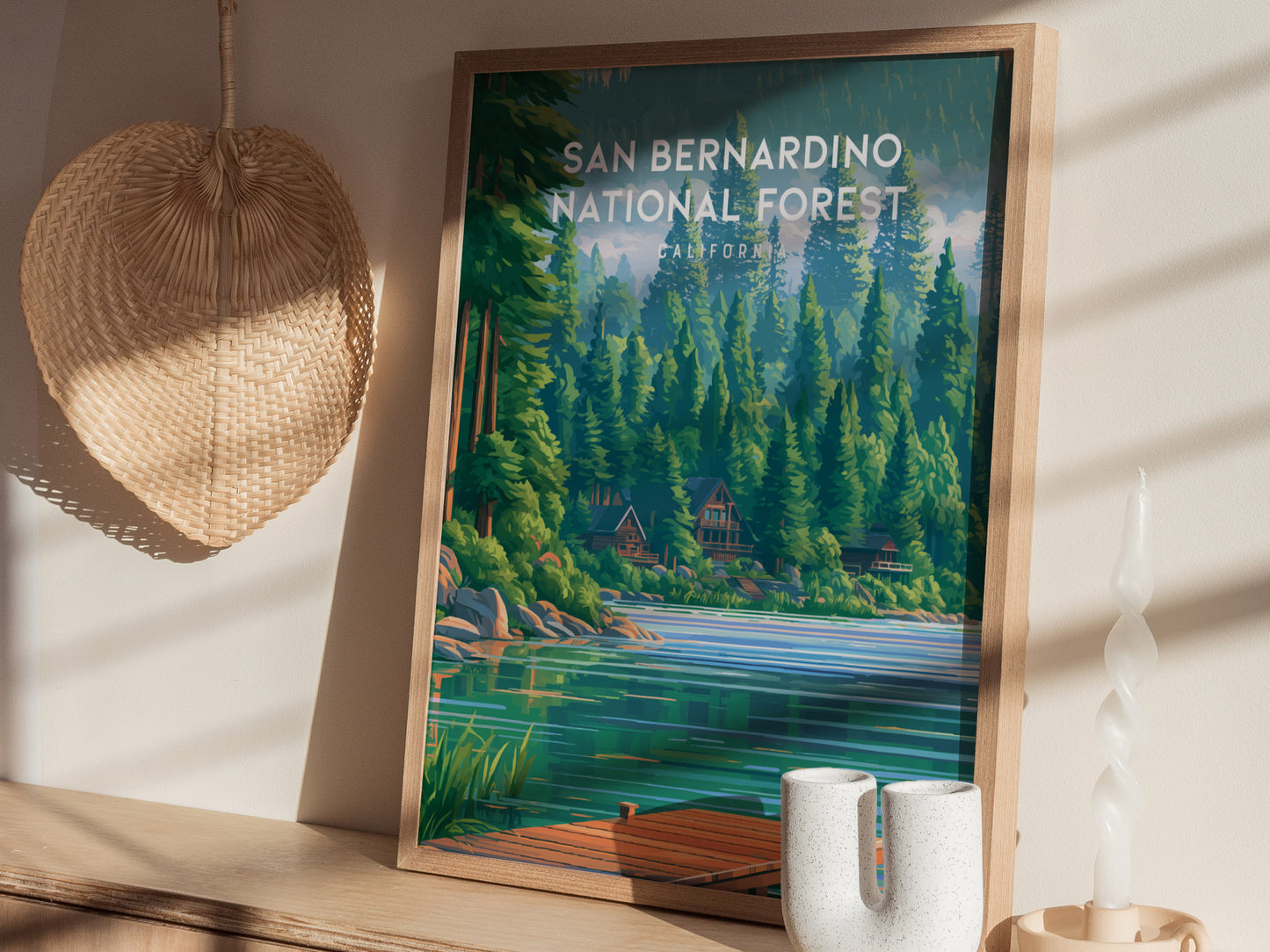 San Bernardino National Forest, California Poster | Mountain Pines & Alpine Wilderness Wall Art — styled in a modern interior