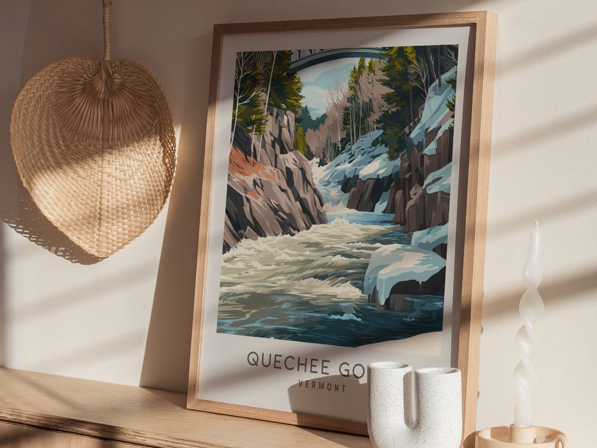 Quechee Gorge Matte Border Poster | Vermont Destination Print Travel Wall Art — styled in a modern interior