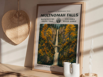 Multnomah Falls Poster | Oregon Waterfall Wall Art Print — styled in a modern interior