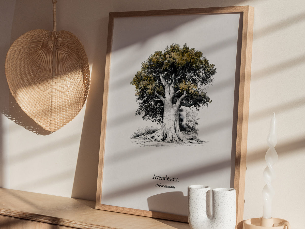 Avendesora Poster | Arbor Cantans Pen and Ink Print | Vintage Botanical Illustration Wall Art — styled in a modern interior
