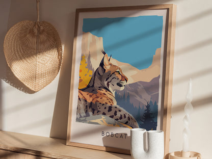 Bobcat Wildlife Poster | Fierce & Beautiful Wildcat Wall Art — styled in a modern interior