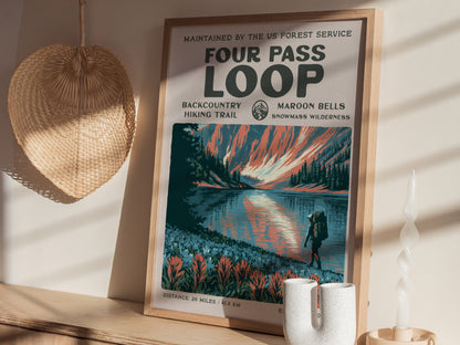 Four Pass Loop, Maroon Bells-Snowmass Wilderness Poster | Hiker Gift | Backcountry Trail Wall Art — styled in a modern interi