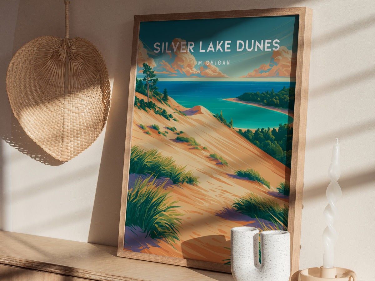 Silver Lake Dunes, Michigan Poster | Sand Dunes & Lakeshore Destination Print Wall Art — styled in a modern interior