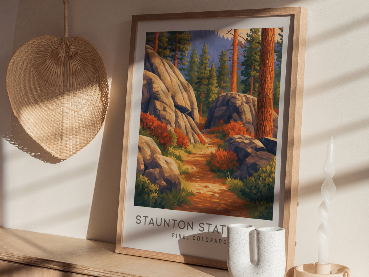 Staunton State Park Matte Border Poster | Pine, Colorado Destination Print Travel Wall Art — styled in a modern interior