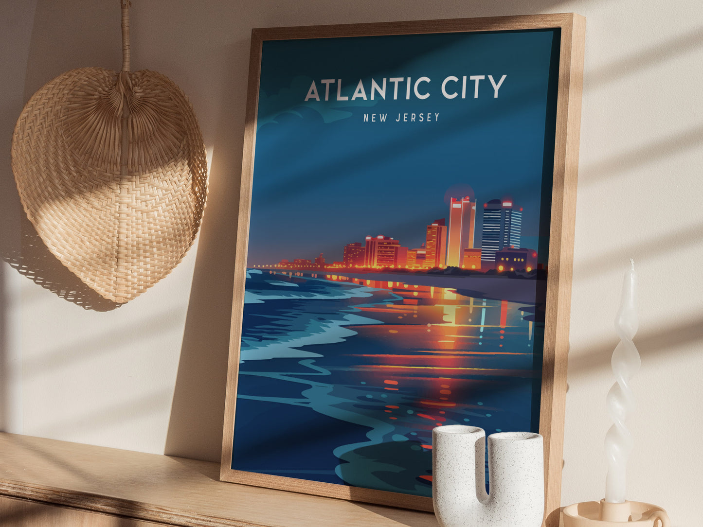 Atlantic City, New Jersey Poster | Boardwalk & Steel Pier Coastal Wall Art — styled in a modern interior