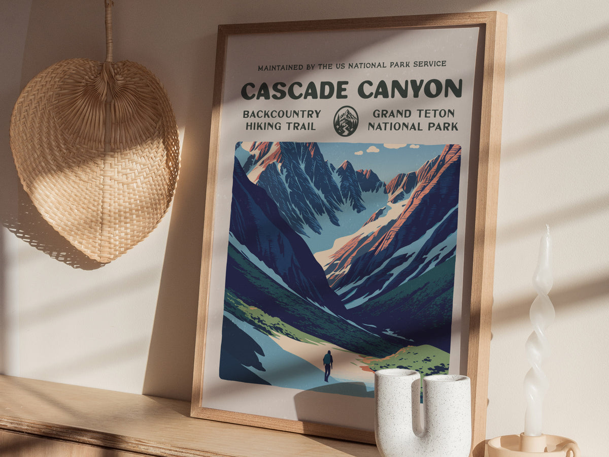 Cascade Canyon, Grand Teton National Park Poster | Hiker Gift | Backcountry Trail Wall Art — styled in a modern interior