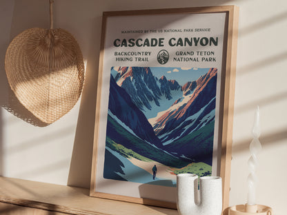 Cascade Canyon, Grand Teton National Park Poster | Hiker Gift | Backcountry Trail Wall Art — styled in a modern interior