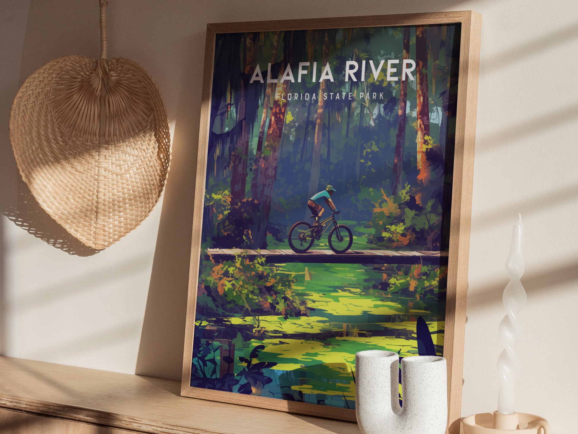 A framed poster of Alafia River State Park showcasing a cyclist on a trail amidst lush greenery. The artwork leans against a wall with a woven fan and decorative candle.