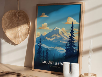 A framed Mount Rainier poster rests on a wooden shelf, surrounded by a wicker basket and a twisted white candle. Sunlight casts shadows on the wall.