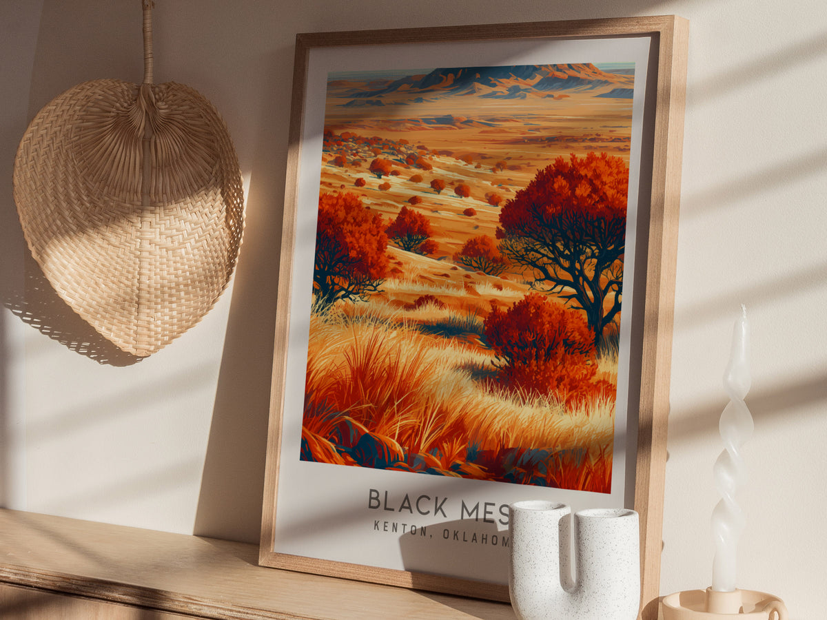 Black Mesa Matte Border Poster | Kenton, Oklahoma Destination Print Travel Wall Art — styled in a modern interior