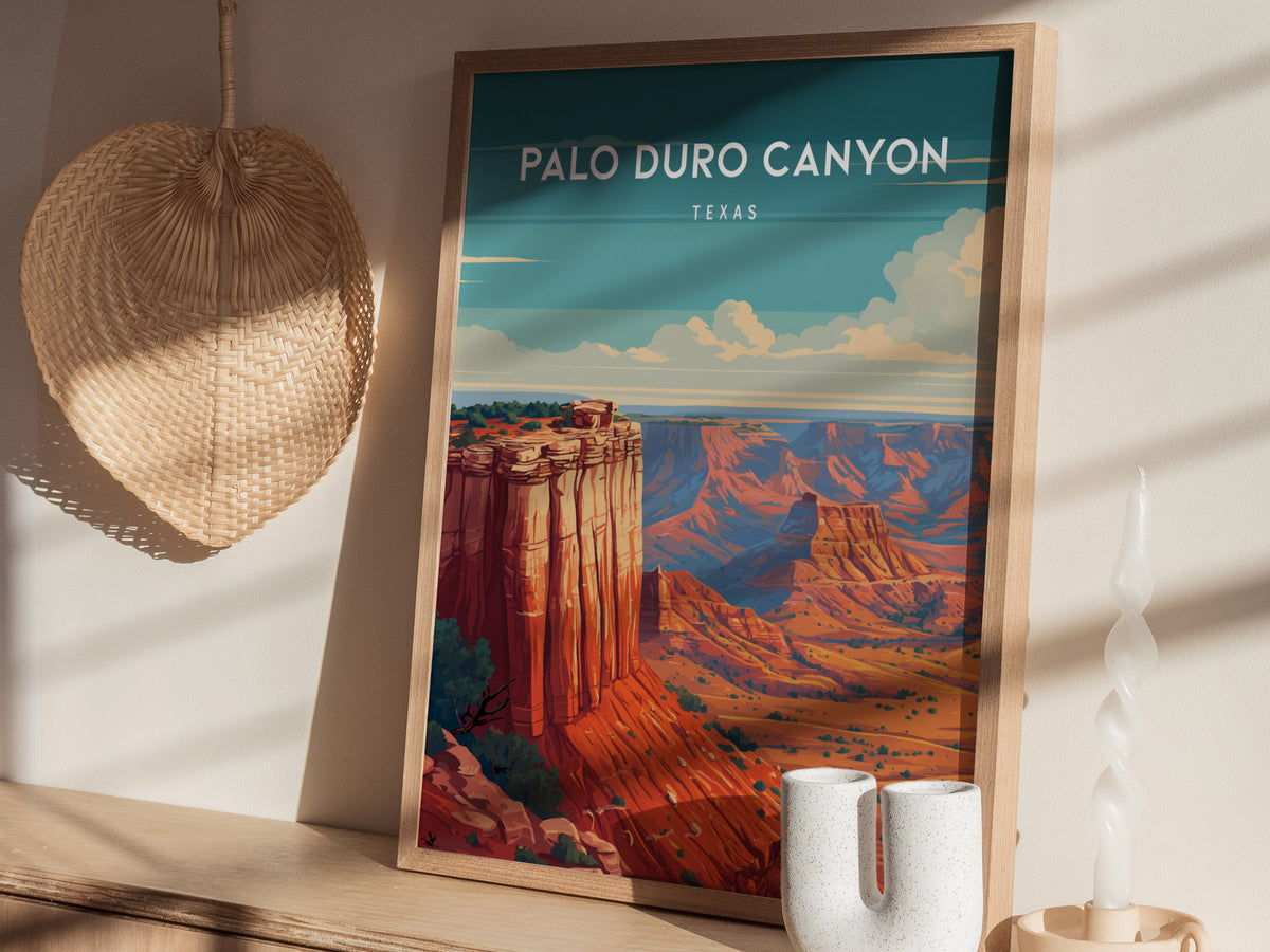Palo Duro Canyon, Texas Poster | Red Rock Desert Destination Print Wall Art — styled in a modern interior