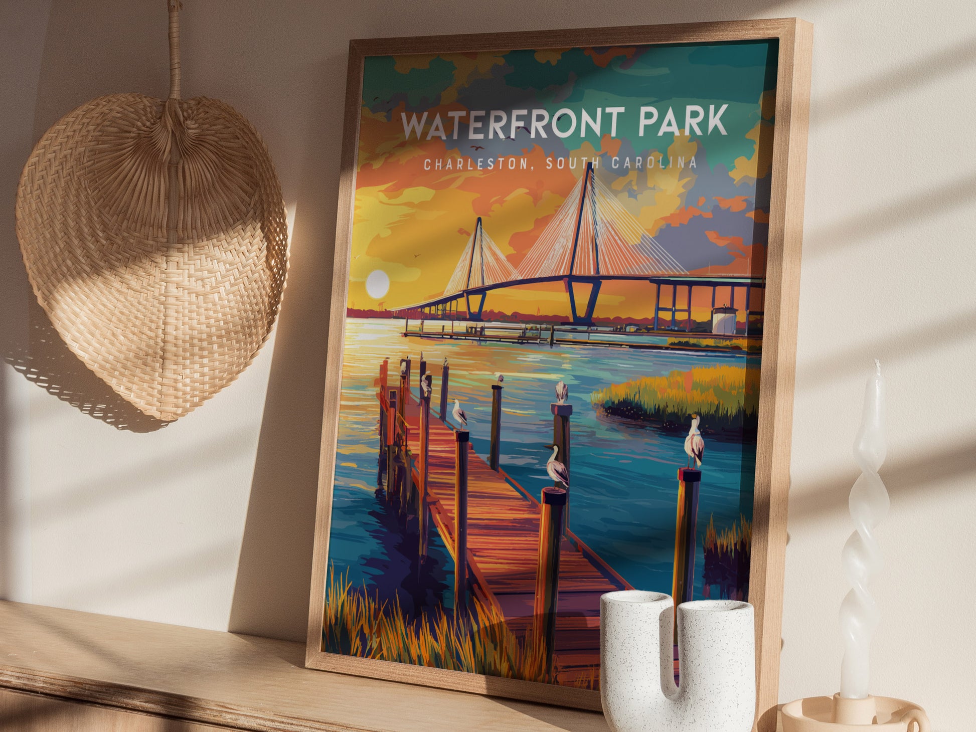 Waterfront Park, Charleston Poster | Southern Harbor Palmetto Charm Wall Art — styled in a modern interior