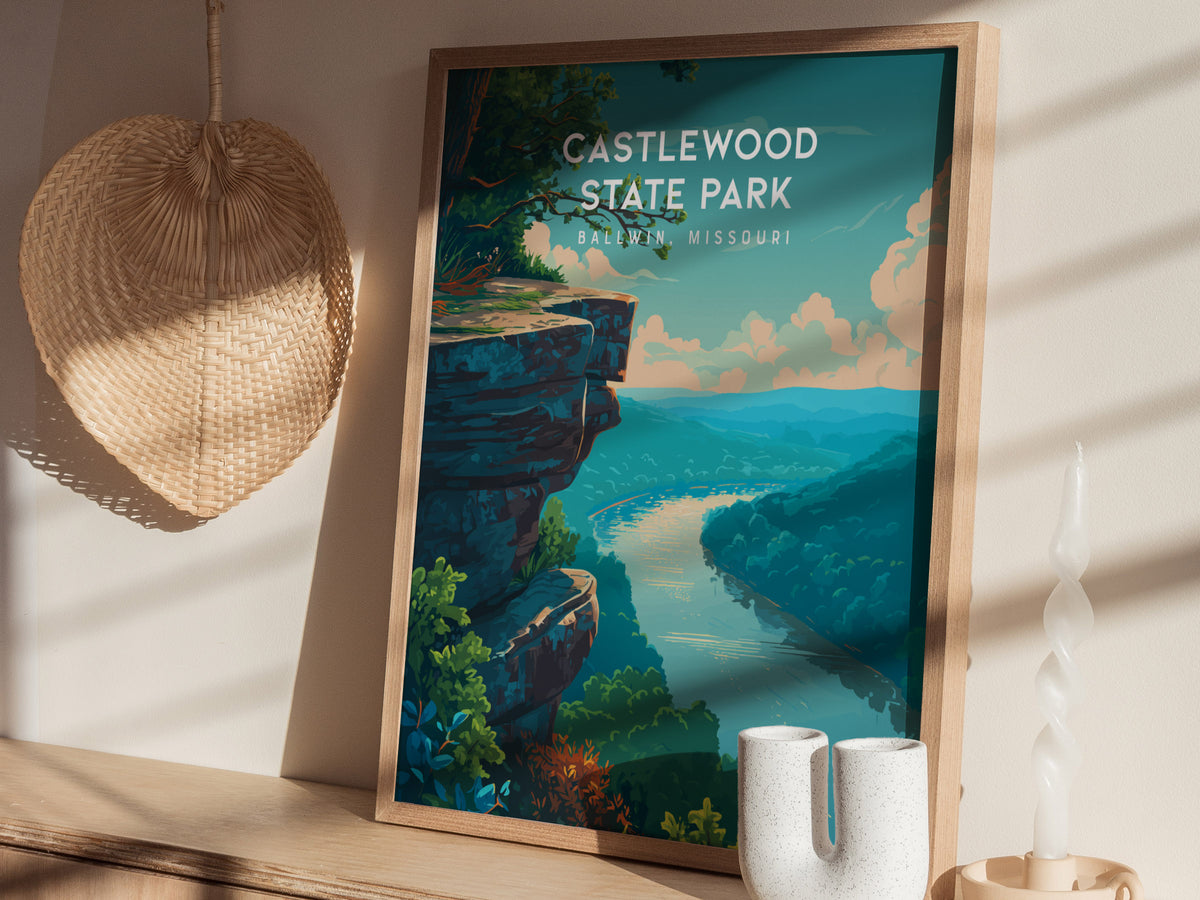 Castlewood State Park, Ballwin, Missouri Poster | River Bluffs & Forest Trail Wall Art — styled in a modern interior