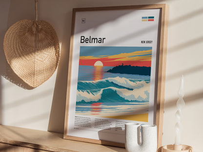 Belmar, New Jersey Poster | Surf & Boardwalk Coastal Wall Art — styled in a modern interior