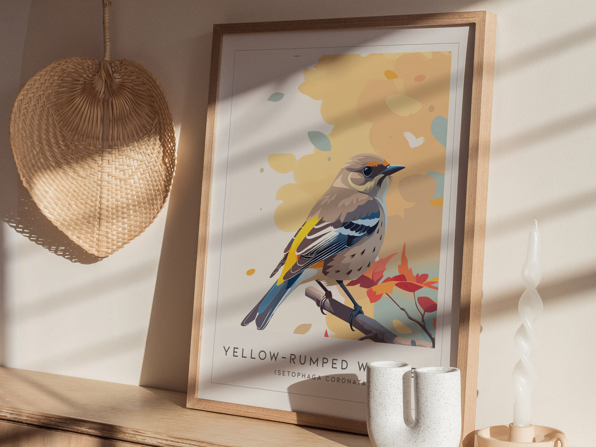 Yellow-rumped Warbler, Setophaga coronata Poster | Vibrant Songbird Nature Poster Wall Art — styled in a modern interior
