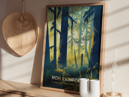 A framed Hoh Rainforest poster sits on a wooden shelf, depicting a stylized forest scene. Nearby, a woven basket hangs on the wall,.