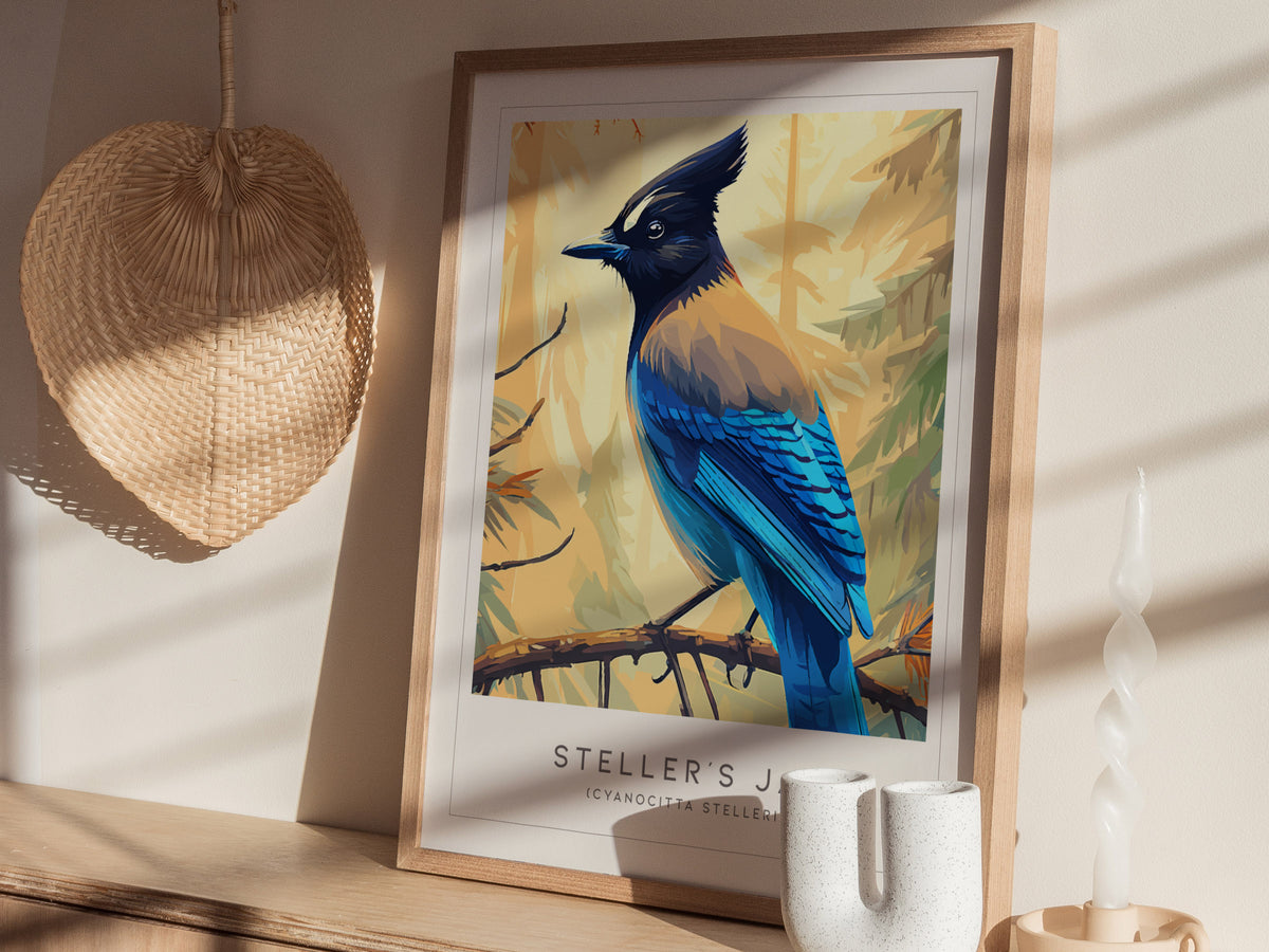 Steller's Jay, Cyanocitta stelleri Poster | Bold Mountain Bird Wall Art — styled in a modern interior