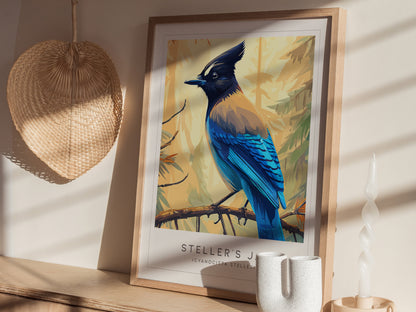 Steller's Jay, Cyanocitta stelleri Poster | Bold Mountain Bird Wall Art — styled in a modern interior