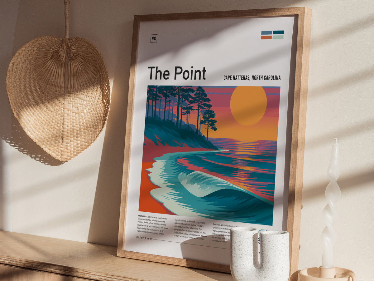 The Point, Cape Hatteras, North Carolina Poster | Surf Wall Art Beach House Decor — styled in a modern interior