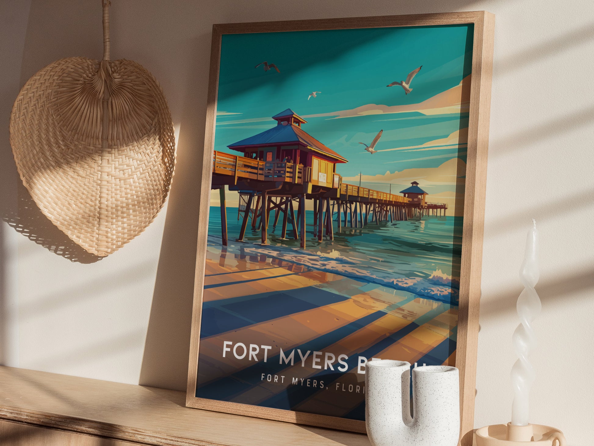 Fort Myers Beach Poster | Florida Historic Pier Wall Art | Framed or Unframed
