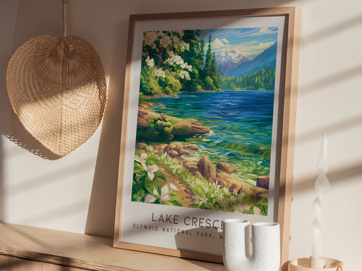 Lake Crescent Matte Border Poster | Olympic National Park, Washington Destination Print — styled in a modern interior
