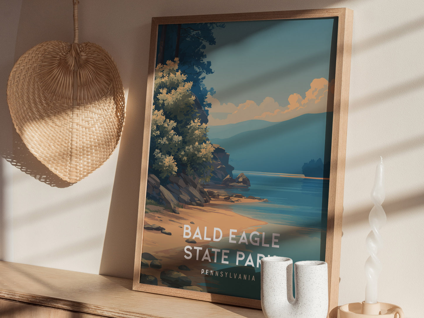 Bald Eagle State Park, Pennsylvania Poster | Eagle Soaring Over Mountain Lake Wall Art — styled in a modern interior