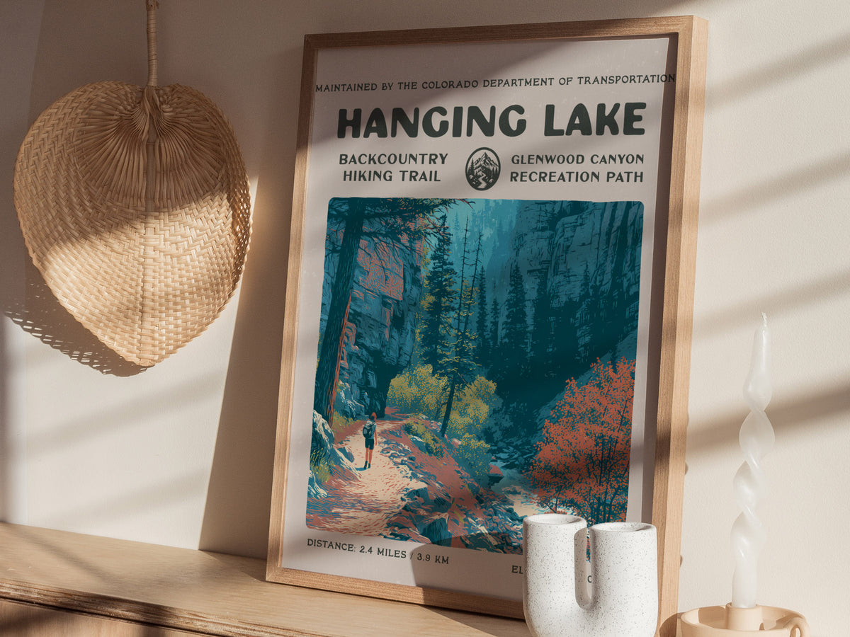 Hanging Lake, Glenwood Canyon Poster | Hiker Gift | Backcountry Trail Wall Art — styled in a modern interior