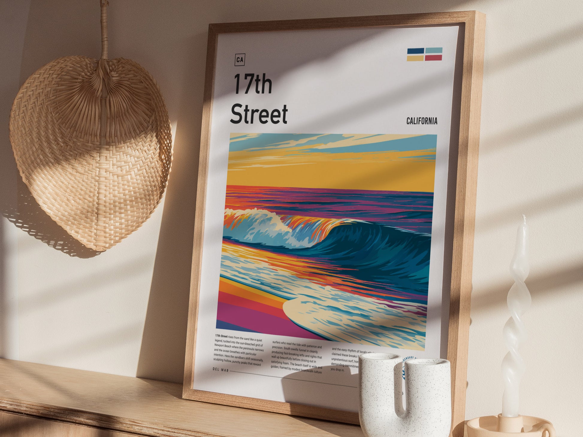 17th Street, Florida Poster | Golden Hour Surf Break Wall Art — styled in a modern interior