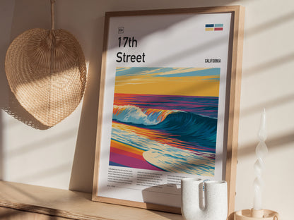 17th Street, Florida Poster | Golden Hour Surf Break Wall Art — styled in a modern interior