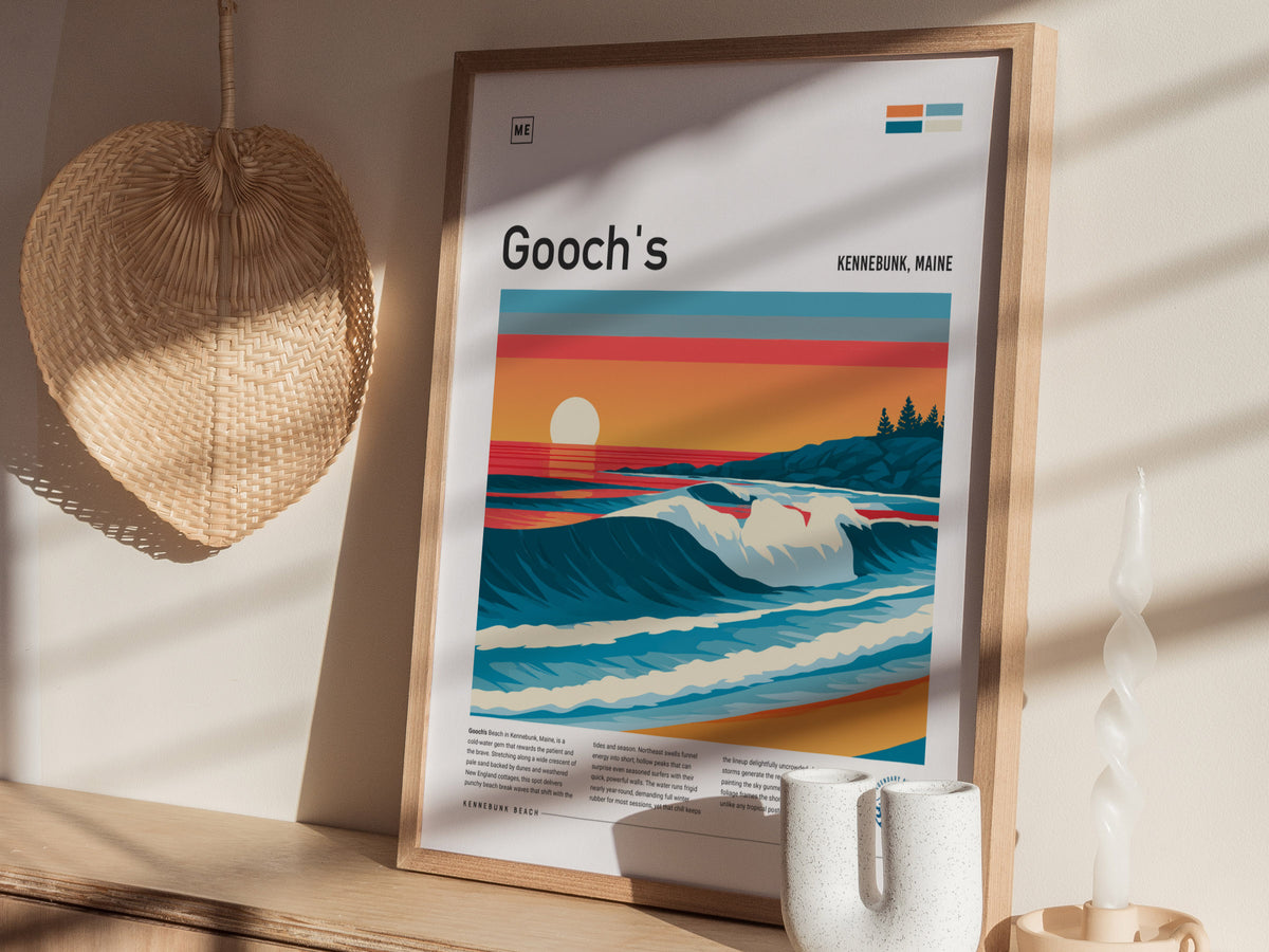 Gooch's Beach, Kennebunk, Maine Poster | Rocky Shore & Rolling Waves Wall Art — styled in a modern interior