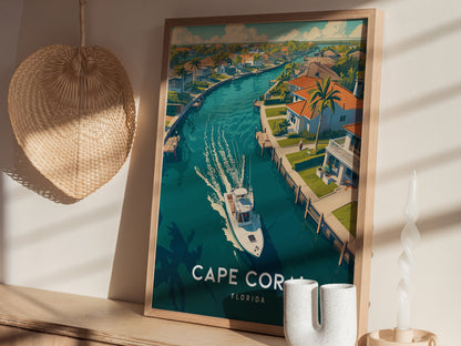 A framed poster of Cape Coral, Florida, shows a canal with a boat, tropical homes, and palm trees. It rests on a shelf alongside a woven wall decoration and a.