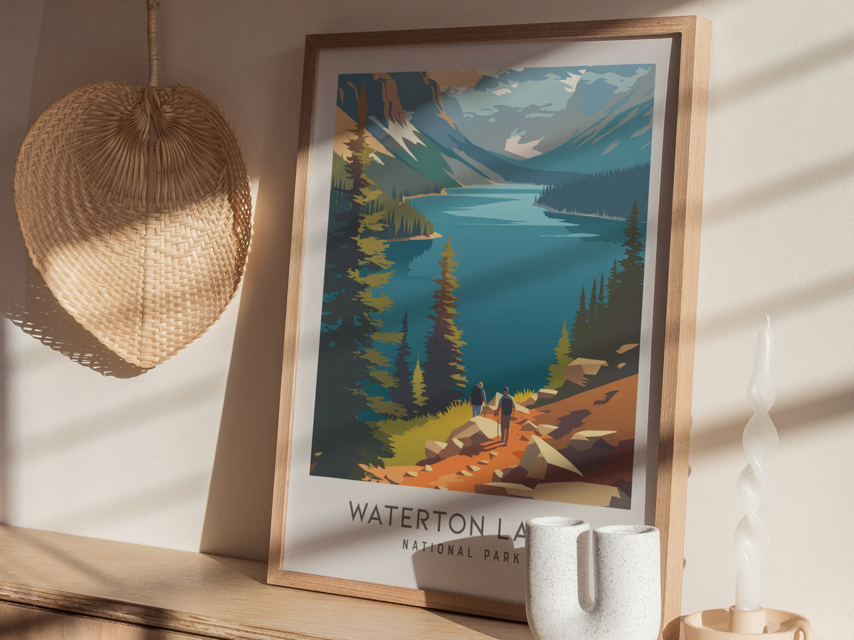 Waterton Lakes Matte Border Poster | National Park Travel Wall Art — styled in a modern interior
